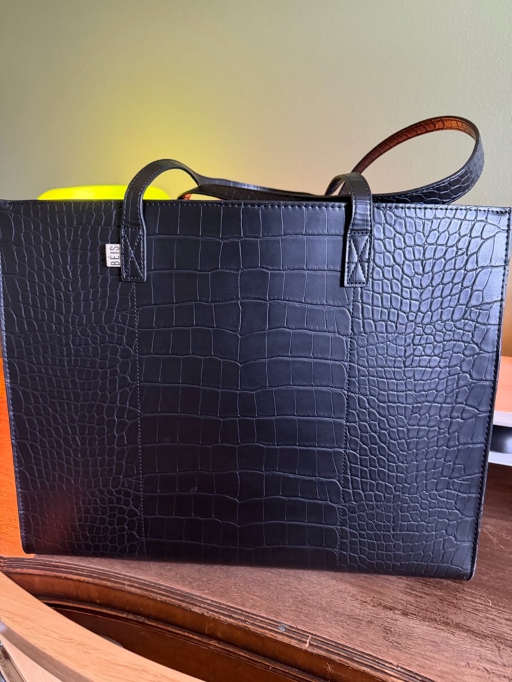 BEIS LARGE WORK TOTE Black Croc Tote Bag Excellent Preowned w Pouch and Strap